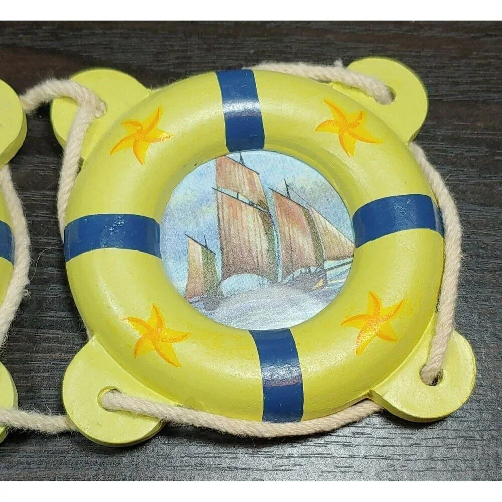 Nautical Wooden Lifebuoy Wall Hangings With Sailboat Designs Set Of 3 Vintage